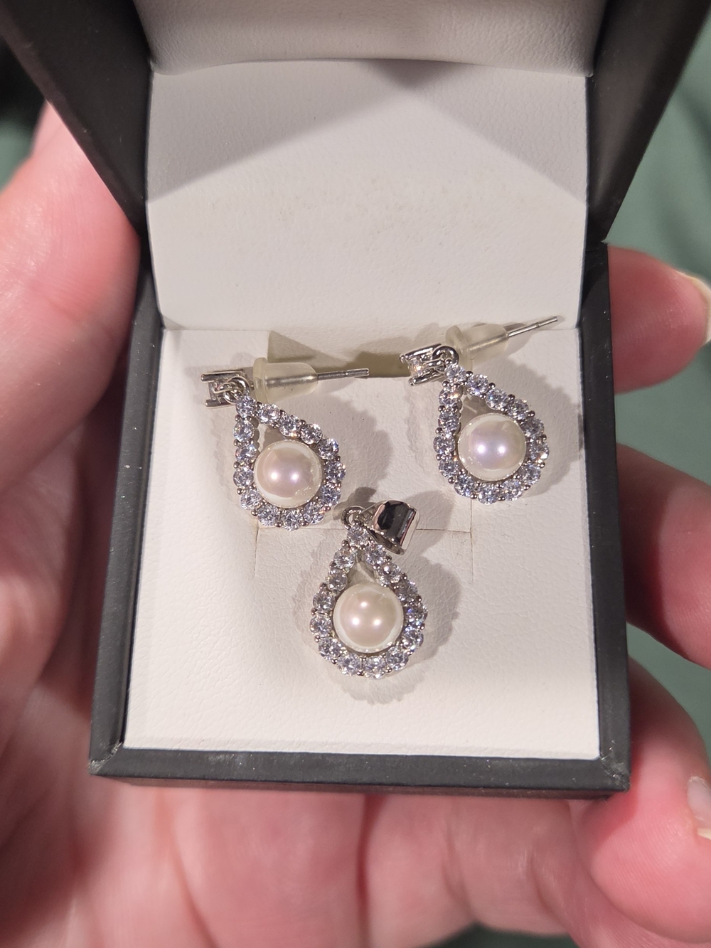 Pearl Teardrop Pendant and Stud Earrings Set in Silver with Clear Crystals